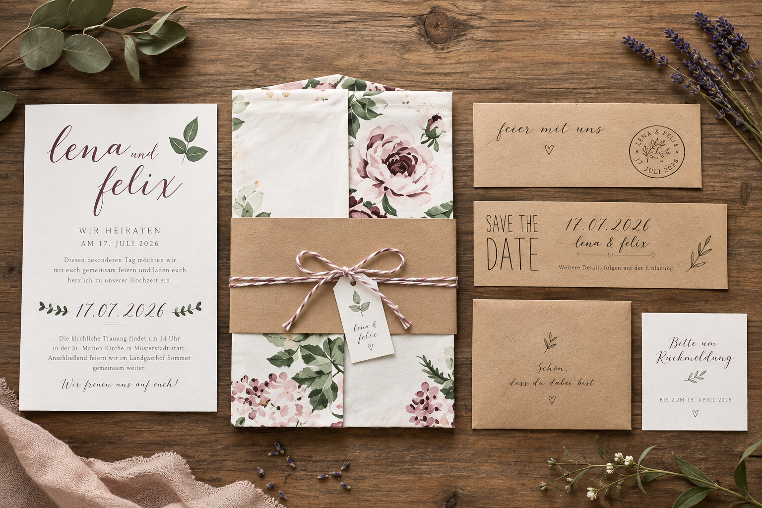 Hochzeitspapeterie mit besonderen Briefhüllen und Einladungskarten